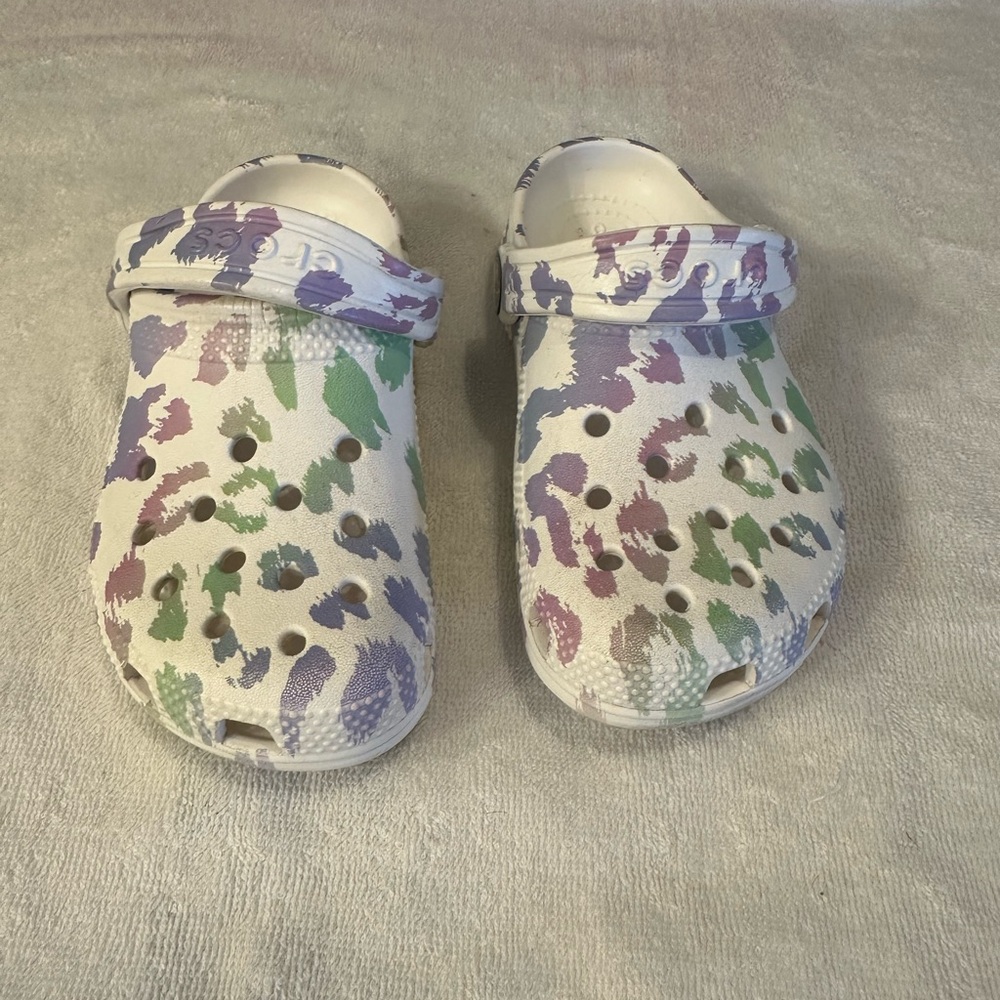 CROCS Kids White Slip-On Clogs with Pastel Purple & Green Print